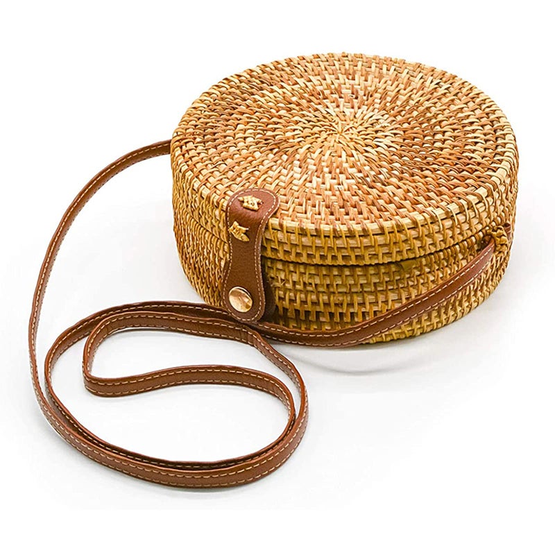 OUTLEYNY Handwoven Round Rattan Straw Beach Bag for Women â€“ Adjustable Crossbody & Shoulder Bag with Leather Strap, Boho Chic Summer Accessory - Image 2